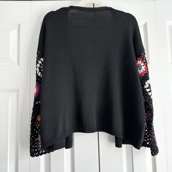 Black Open Front Cardigan Medium Crochet Colorful Granny Square Sleeve Boho - Picture 3 of 13